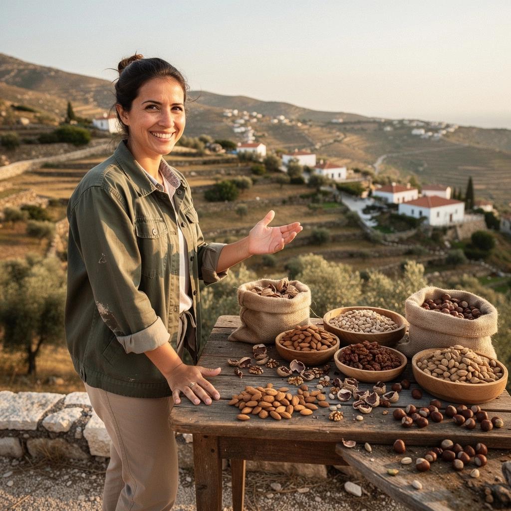 Σκηνή από τη διαδικασία συγκομιδής ξηρών καρπών κάτω από τον ήλιο.
