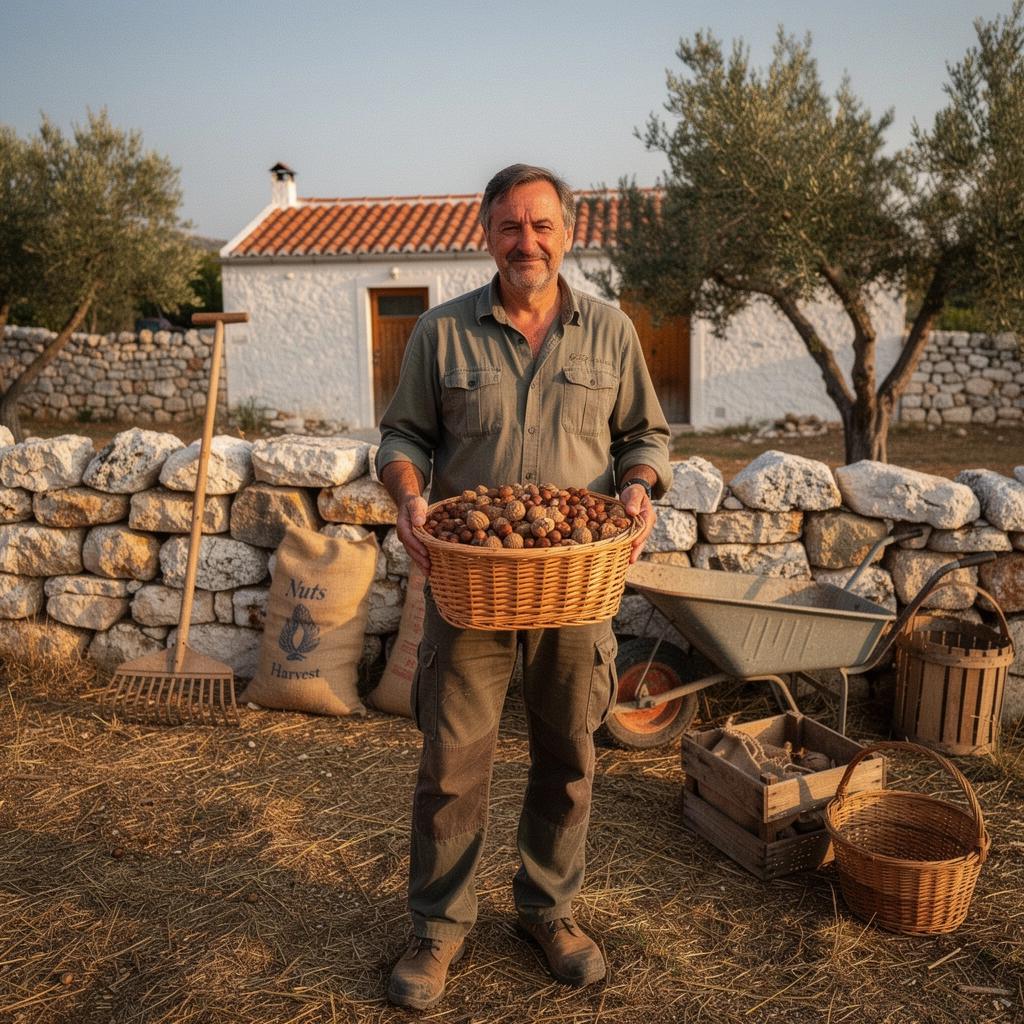 Διάφορες ποικιλίες ξηρών καρπών σε ξύλινη βάση με φυσικό φόντο.